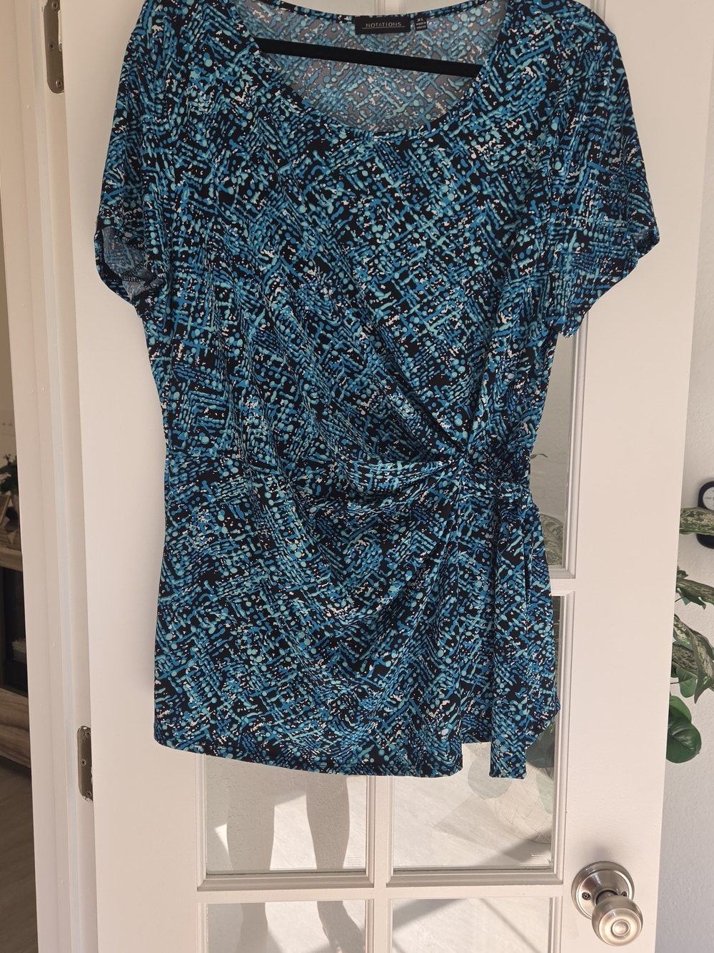 Notations Teal Black Abstract Twist-Front Short Sleeve Tunic